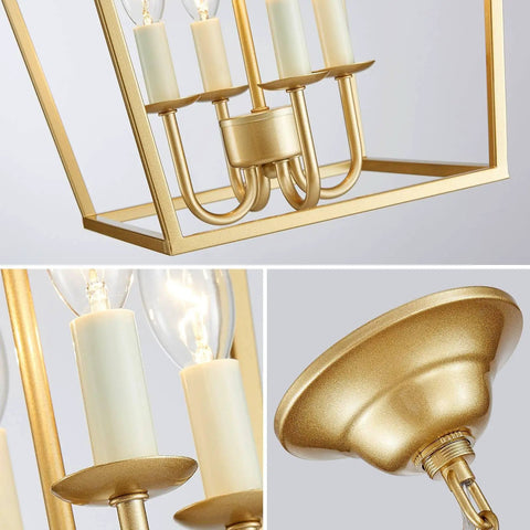 Close-up of Vintage Lantern Pendant Light 4 Light Chandelier in gold with E12 base and 40W max for Kitchen Island Entryway Dining Room Hallway Bar Cafe