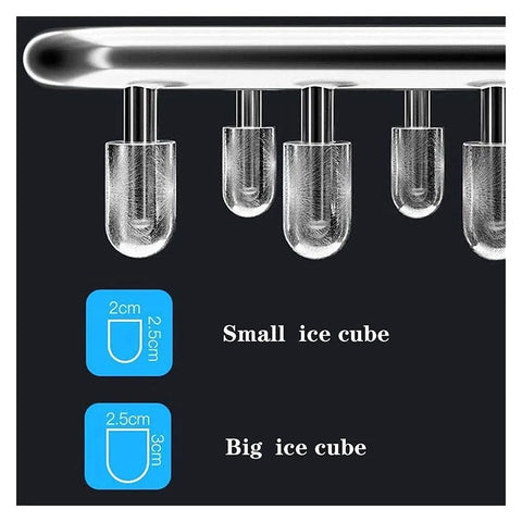 Total Party Saver Countertop Ice Maker with Self Cleaning Routine showing small and big bullet ice cubes on display.