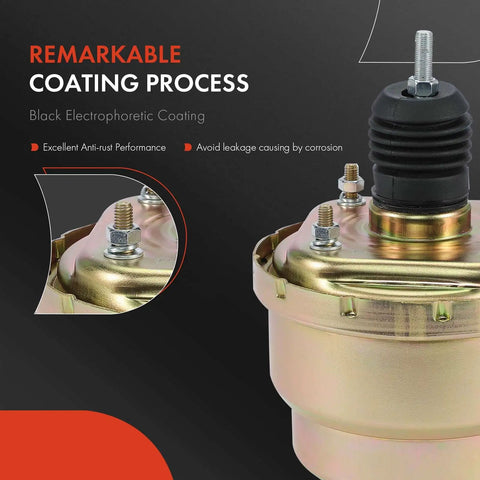 Close-up of Street Proven Universal Vacuum Power Brake Booster, showcasing black electrophoretic coating and hardware.