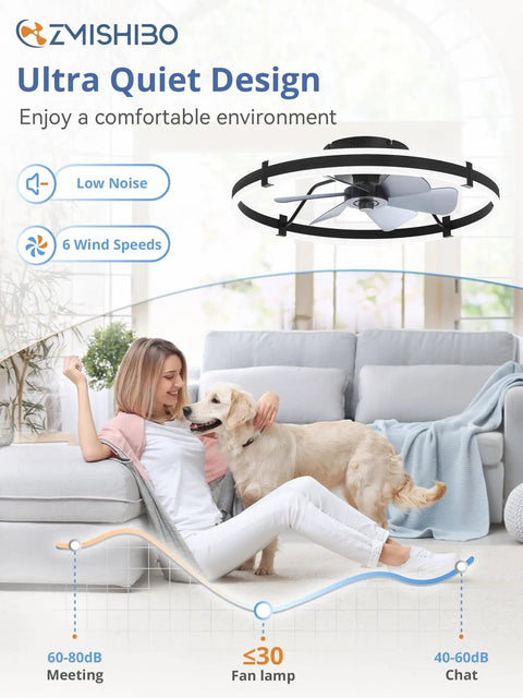 Woman relaxing with a dog under ZMISHIBO 2 Pack 24 Inch Ceiling Fans with Lights and Remote, Black in a bright room.
