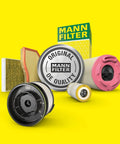 Assorted Mann Filters for vehicles on a yellow background