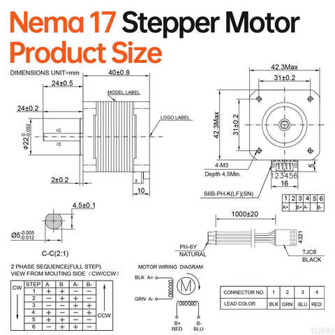 Technical drawing of a Nema 17 stepper motor with 42×40 mm body and 1 m cable; front and side views.