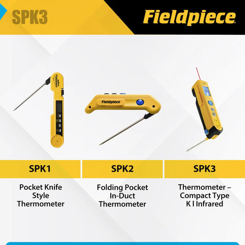 Pocket Type K Thermometer With Infrared Capability Dual Readings For In Duct And Surface Checks Folding Probe For Easy Duct Access And Quick Ambient Readouts With Backlit Display For HVACR Pros, yellow Fieldpiece SPK3