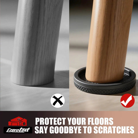 Comparison of furniture legs: one without and one with Tough Non Slip Furniture Pads For Hardwood Floors 8 Pack 2 Inch Anti Skid Floor Guards.