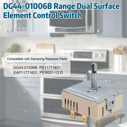 Dual Infinite Switch Replacement For Range Oven Surface Element Control shown with part numbers and compatibility