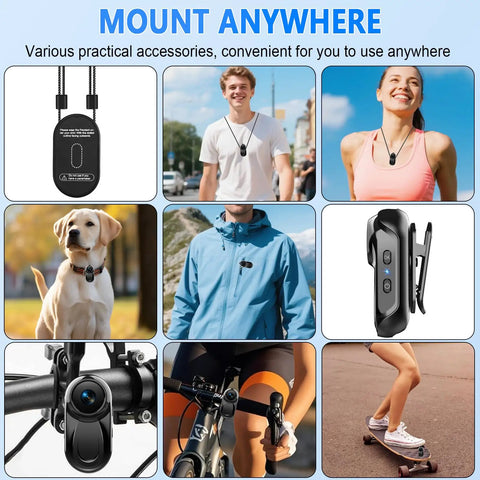 Thumb Size 1080P Wearable Body Camera With 64GB Card in use for vlogging and travel, shown on dog, bike, and wearable clips