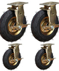Heavy Duty Pneumatic Caster Wheels Set Of 4 With Brake And Swivel Options, 10 inch rubber tires and steel hubs for smooth rolling.