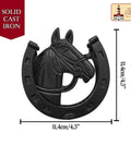 Antique Horse Head Door Knocker In Cast Iron With Rustic Horseshoe Accent, front view, heavy duty handcrafted vintage decor.
