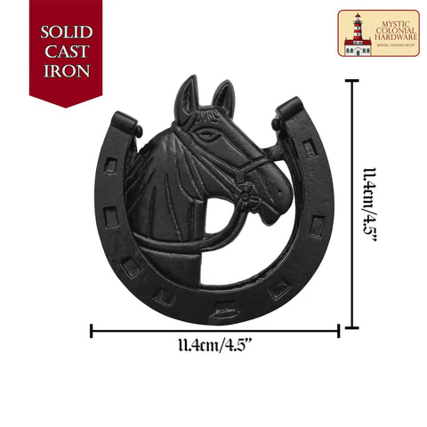 Antique Horse Head Door Knocker In Cast Iron With Rustic Horseshoe Accent, front view, heavy duty handcrafted vintage decor.