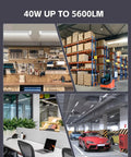 Four Pack Two Foot LED Shop Lights 6000K Bright White 40W 5600 Lumens Linkable Ceiling Light Fixtures installed in various spaces
