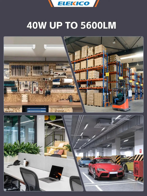 Four Pack Two Foot LED Shop Lights 6000K Bright White 40W 5600 Lumens Linkable Ceiling Light Fixtures installed in various spaces