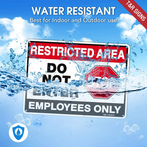 Top Shelf Restricted Area Do Not Enter Signs For Crews Heavy Gauge Aluminum Metal Plate Four Pack All Season Fade Resistant Job Site Ready Pre Drilled Holes Straight Up Easy Hang with water splash