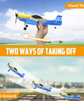 Two ways of taking off the P-51D Mustang 3 Channel RC Plane With Ready To Fly Setup, shown in hand throw and ground takeoff methods.