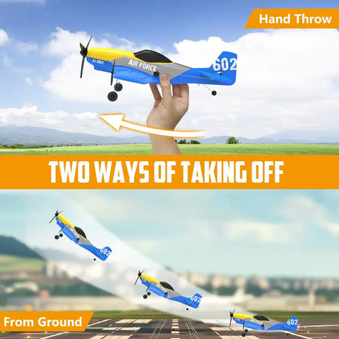 Two ways of taking off the P-51D Mustang 3 Channel RC Plane With Ready To Fly Setup, shown in hand throw and ground takeoff methods.