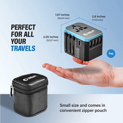 All In One Global Travel Adapter For Europe UK Australia And US With 1 AC Outlet 1 USB-C Port And 4 USB-A Ports on hand