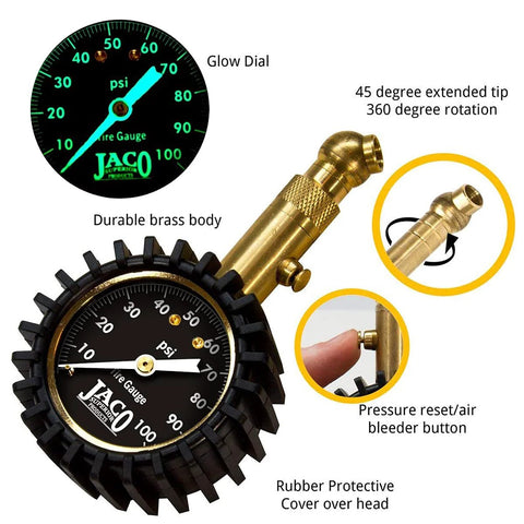 Front view of JACO Elite Tire Pressure Gauge with glow dial, brass body, 0-100 psi scale and rubber cover.
