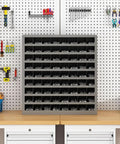 Beefy Cold Rolled Steel 72 Opening Pigeon Hole Bin For Garage Storage, Powder Coated Gray Bolt Bins And Parts Organizer on bench