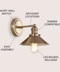 Brass Gold 7.8 Inch 1 Light Industrial Farmhouse Vanity Wall Sconce with Metal Shade LED Bulb Included for Bathroom Mirror