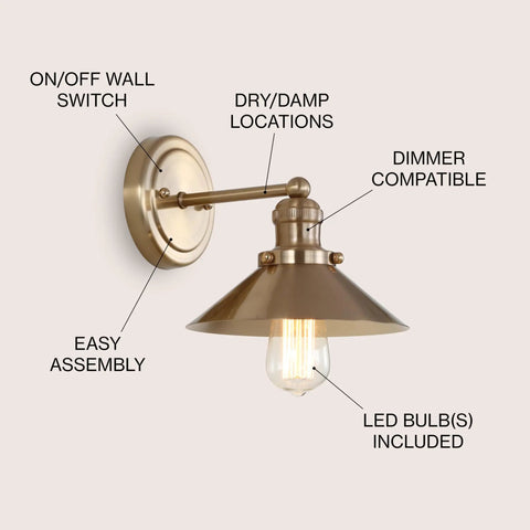 Brass Gold 7.8 Inch 1 Light Industrial Farmhouse Vanity Wall Sconce with Metal Shade LED Bulb Included for Bathroom Mirror