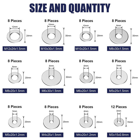 Assorted stainless steel flat washers kit, 100 pieces, 12 sizes M3-M12, for screws and bolts.