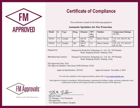 Certificate of compliance for Heavy Duty Upright Fire Sprinkler Head For Automatic Systems With No Sweat Install And Sure Thing 155 Degree Fahrenheit Activation In Chrome Finish For Solid Peace Of Mind Protection Pack Of Six.