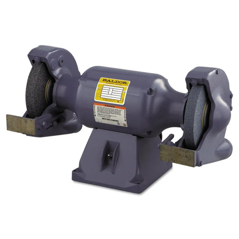 Heavy Duty 8 Inch Bench Grinder With 3/4 Horsepower Motor Gray finish machine with solid cast iron base for metalworking.