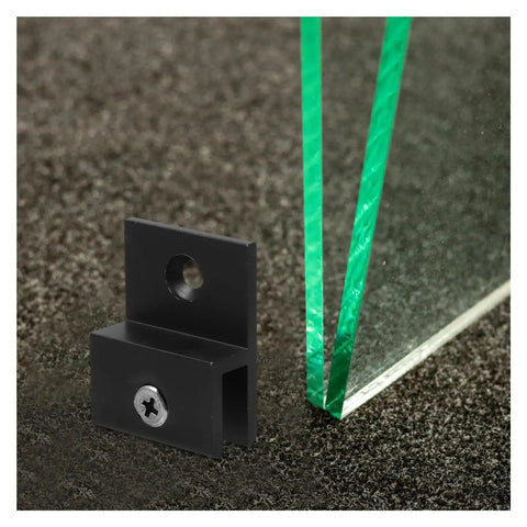 Heavy Duty Glass Fixing Clips Set, H Type Black Aluminum Alloy Wall Mount Clamps next to glass panel