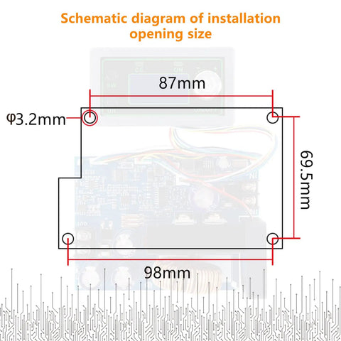 Schematic diagram showing installation dimensions for CNC Buck Adjustable Power Supply Module With LCD Display 0 To 50V 0 To 20A 1000W DC Converter Ammeter Voltage Regulator For CNC Machines DIY Folks And CNC Nerds Lab Use