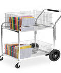 Solid Chrome Plated Rolling Mail Cart With Heavy Duty Smooth Gliding Wheels For Office Document Sorting with colorful papers.