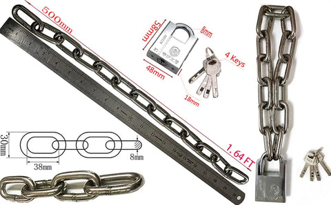 8mm Thick Hardened Steel Chain Lock With Beam Padlock 1.64 Feet Long Outdoor Security Chain For Bicycles Motorcycles And Electric Bikes Pry Proof Rust Resistant displayed with measurements and keys