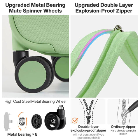 Underseat Carry On Luggage 14 Inch Spinner Wheels Hardside Case With TSA Lock Lightweight Avocado Green Personal Item Roller Travel Bag Metal Bearing Quiet Wheels And Double Layer Zipper Upgrade No Fuss Travel Companion showcasing upgraded wheels and zipper details