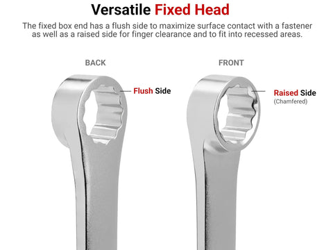 22 mm Long Fixed And Flex Head 12 Point Ratcheting Box End Wrench with dual head design, front and back view highlighting the fixed head