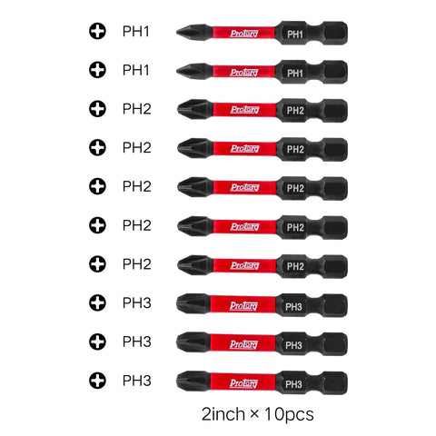 Image of a 10-piece 2-inch PH1 to PH3 screwdriver bit set. Bits are red and black with a universal fit for drills.
