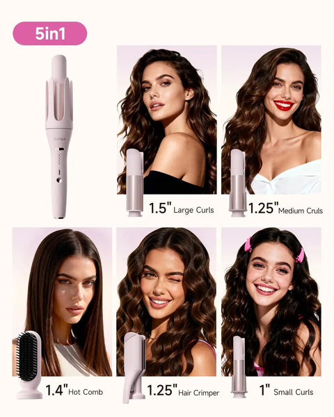 5 In 1 Auto Curling Iron Set With Interchangeable Barrels 1 Inch 1.25 Inch 1.5 Inch Curling Wand Hair Crimper And Straightening Brush
