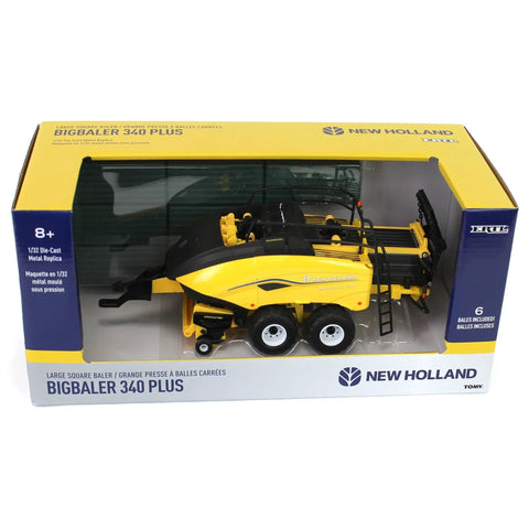 1/32 Scale New Holland Big Baler 340 Plus Diecast Model in packaging with six square bales, free rolling wheels, 10 inch long