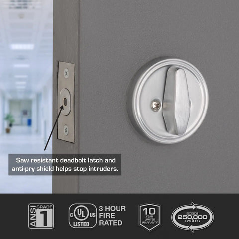 Satin Chrome Single Cylinder Deadbolt Lock For Commercial Security Built Tough ANSI Grade 1 UL Three Hour Fire Rating Interior Or Exterior Use Fits Doors From One And Three Eighths To Two Inches Thick Adjustable Backset Two And Three Eighths Or Two And installed on a door showing the anti-pry shield and latch.