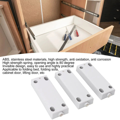 Magnetic Touch Push Open Latch With Adjustable 30 To 50 Newtons Suction installed in a cabinet with tools nearby