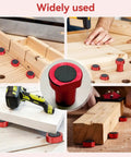 12 Piece Aluminum Alloy Bench Dog Clamp Set For MFT Workbenches With Non Slip Surfaces And Table Stops Fits 0.787 Inch Dog Holes For Professional Woodworking And DIY Projects Red, showing multiple red clamps in use on various wooden projects, securing workpieces and offering stability on workbenches.