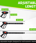 Adjustable length pressure washer gun with 8.8, 25, and 40 inch configurations, part of the Pressure Washer Hose And Gun Kit, 25 Ft With 5 Nozzle Tips And M22-14mm Fittings, All-In-One Replacement Set For Ryobi, Simpson, Craftsman, Plug And Play, Heavy-Duty Power Wash Performance