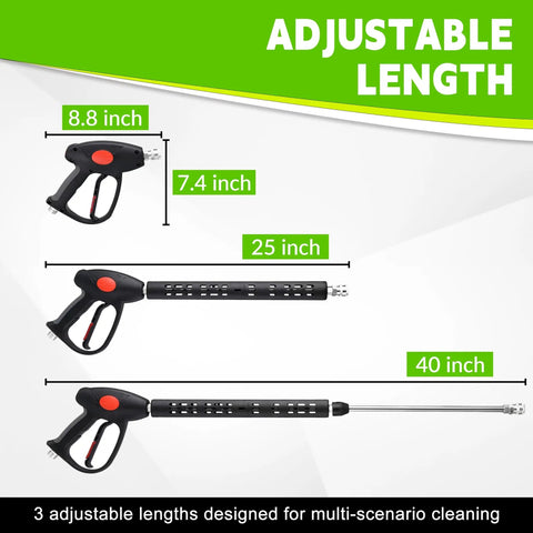 Adjustable length pressure washer gun with 8.8, 25, and 40 inch configurations, part of the Pressure Washer Hose And Gun Kit, 25 Ft With 5 Nozzle Tips And M22-14mm Fittings, All-In-One Replacement Set For Ryobi, Simpson, Craftsman, Plug And Play, Heavy-Duty Power Wash Performance