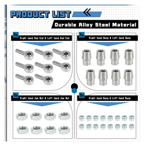 Badass 8 Piece Heim Joint Rod End Kit With Spacers And Tube Adapters 5/8 Inch Chromoly Joints featuring alloy steel rod ends and bungs.
