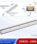 Diagram and photo of Linear Motion Slide Rails With One Rail And Two SGB20-4 Ball Bearing Blocks For CNC DIY And 3D Printer SGR20 1000mm Precision Guide Rail System Steel Rust-Resistant Surface Smooth And Sturdy Performance showing dimensions and weight