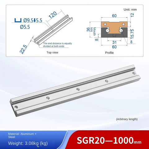 Diagram and photo of Linear Motion Slide Rails With One Rail And Two SGB20-4 Ball Bearing Blocks For CNC DIY And 3D Printer SGR20 1000mm Precision Guide Rail System Steel Rust-Resistant Surface Smooth And Sturdy Performance showing dimensions and weight