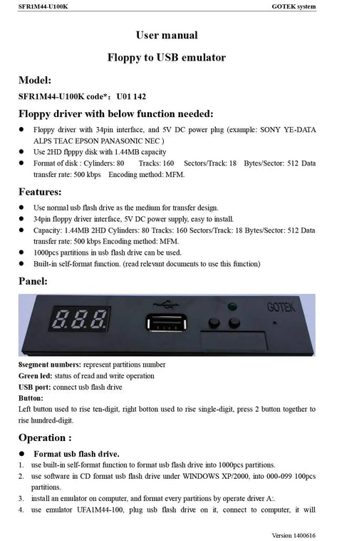 SFR1M44-U100 3.5 Inch USB Floppy Drive Emulator 1.44MB For Old School PCs And Arcade Cabinets USB Flash Drive Based Plug And Play Setup 34 Pin Interface Black user manual page