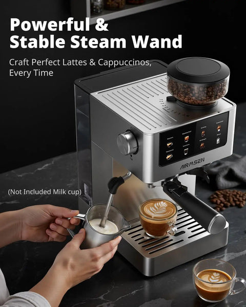Espresso Machine With Burr Grinder And 20 Bar Pressure, Milk Frother Steam Wand, Stainless Steel Home Coffee Maker In Use