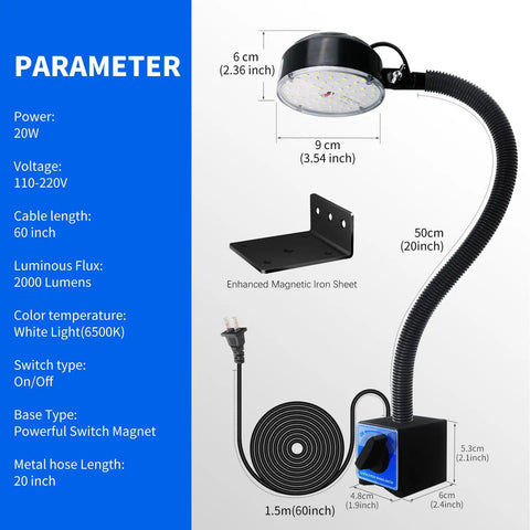 Magnetic 2000 Lumen LED Work Light With Flexible Base Ultra Bright Shop Tool Lamp for industrial use, 20-inch flexible shaft