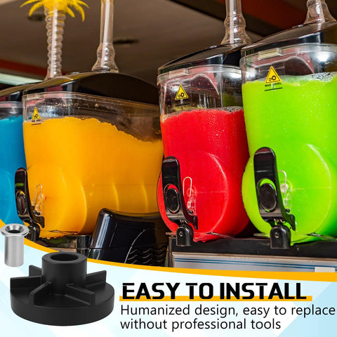 Four beverage dispensers in blue, yellow, red, and green with taps on a counter