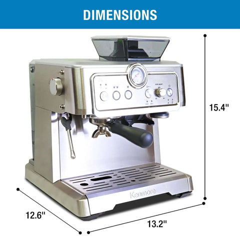 Barista Grade Home Espresso Machine With 9 Bar Pressure Automatic Coffee Maker with dimensions labeled