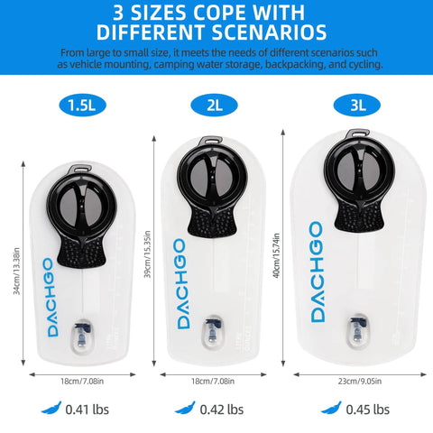 Hydration Bladder With 4 In 1 Cleaning Kit, 3L Capacity Water Reservoir For Hiking, Camping, Cycling, And Running, BPA Free And Taste Free, Wide Mouth Opening, Ergonomic Handle, Easy Refill And Cleaning On The Go, shown in three sizes.