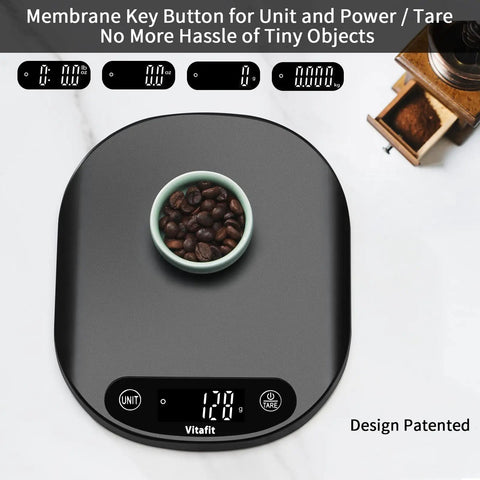 Top view of 33 Lb Digital Kitchen Scale High Precision 0.1 Oz 1 G With LED Display For Cooking And Baking, bowl of beans on scale